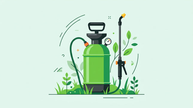 A green garden sprayer with a hose and nozzle is surrounded by stylized plants and grass, conveying a fresh, natural feel against a light background