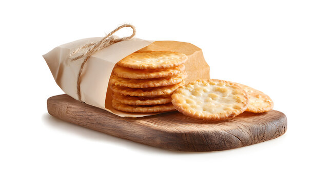 Set of flat baked thin round crackers, crispy biscuit snack staple food, takeaway paper plastic bag package, wooden charcuterie isolated on a white background