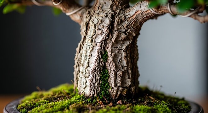 Close-up of a textured bonsai tree trunk with moss indoor plant close