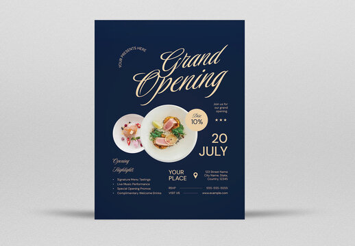 Blue and Gold Elegant Restaurant Grand Opening Flyer