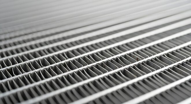 Close-up of a metal radiator grill with textured fins heat exchange radiator