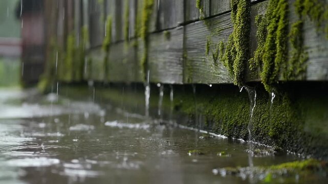 Heavy rain falling on mossy wooden walls of old barns