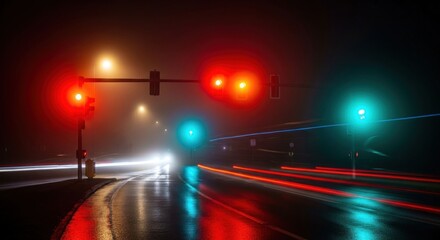 Fototapeta premium Nighttime City Intersection with Traffic Lights and Light Trails.