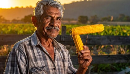 Fototapeta premium Senior man smiling while holding yellow fruit outdoors.