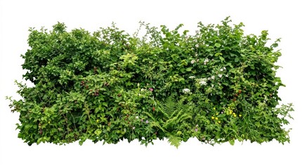 Obraz premium Lush green garden hedge isolated on white, dense privacy shrubbery wall, natural foliage fence for architectural rendering and landscape design