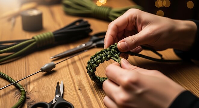 Closeup of hands weaving a paracord bracelet on a wooden table