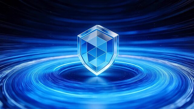 Futuristic blue holographic shield with floating glowing cubes in dark digital space