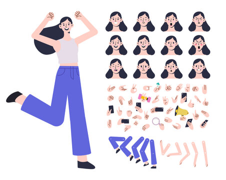 Female turnaround sheet with front, side and back views. Includes expression set, hand gestures and modular pose elements for creating custom character illustrations.
