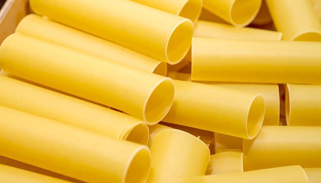 Close-up of rigatoni pasta.