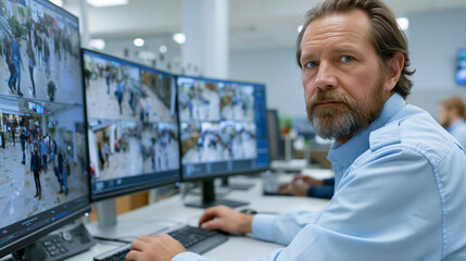 Fototapeta premium Surveillance Officer Monitoring Screens: A focused surveillance officer with a serious expression intently watches multiple security camera feeds displaying bustling activity in real-time.
