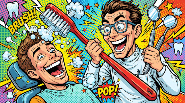 Happy Dentist and Patient with Giant Toothbrush Pop Art