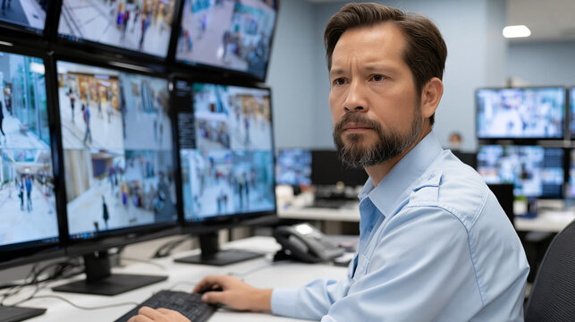 Security Monitor: A focused security guard intently watches multiple surveillance feeds on a bank of monitors in a modern control room, ensuring safety and order.