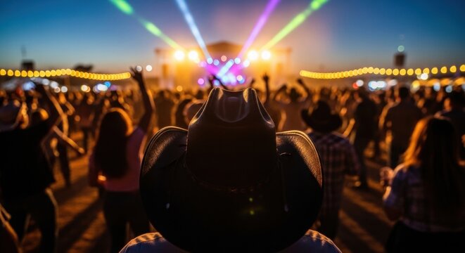 Country music fan wearing a cowboy hat at an outdoor night concert festival