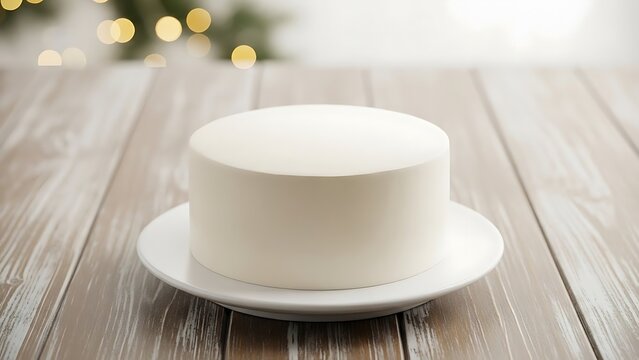 Minimalist Plain White Round Cake Mockup on a Wooden Table with Bokeh Background