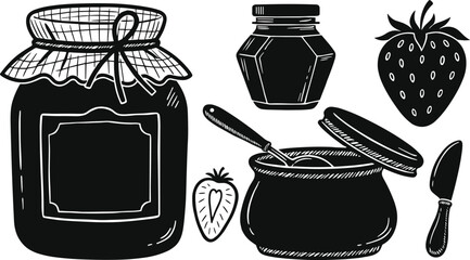 Strawberry jam glass jar icon set with kitchen spoons sweet marmalade pots butter knife and fresh berry silhouettes for breakfast food graphic vector design assets © Kamrun