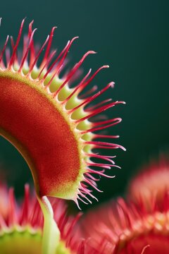 Macro close-up of red Venus flytrap carnivorous plant with sharp teeth-like spines