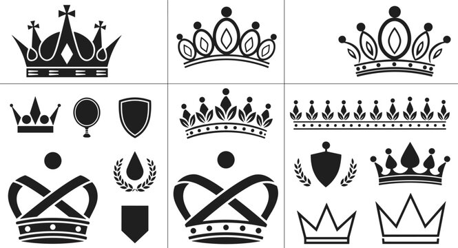 Royal crown icon and silhouette set featuring imperial tiaras heraldic shields laurel wreaths and medieval kingdom majesty symbols for luxury brand vector graphic design assets