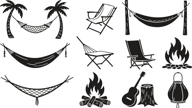 Summer camping and beach relaxation silhouette icon set featuring hammocks deck chairs campfires guitar log stump and vintage lantern vector design assets