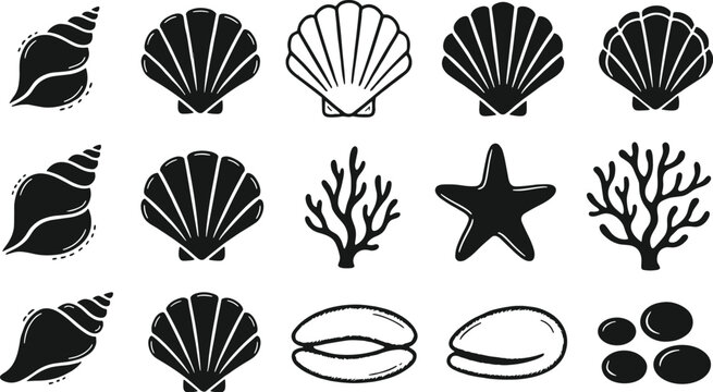Sea shell and marine life silhouette icon set featuring scallop shells starfish coral branches spiral conch and ocean pebbles for beach vacation graphic vector designs
