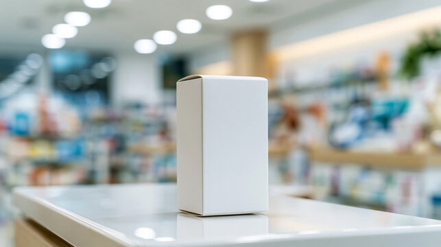 Blank Product Packaging: A pristine white box sits on a polished counter, ready to be filled with a product. The blurred background of a store suggests it's a retail environment.