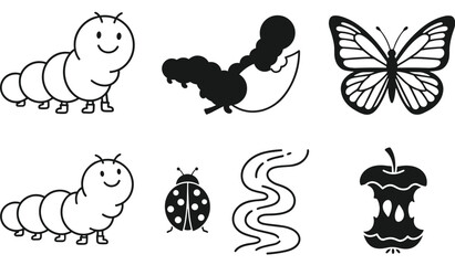 Cute cartoon caterpillar butterfly and ladybug silhouette icon set featuring worm crawling on leaf trail and eaten apple core for garden insects lifecycle graphic vector designs © Kamrun