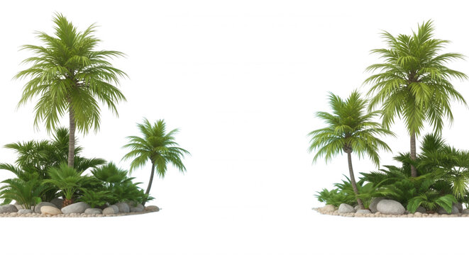 Two separate tropical island clusters with green palm trees, lush foliage, and smooth grey river stones isolated on a solid black background