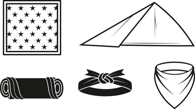 Bandana and headscarf silhouette set featuring star patterned pocket square folded triangular neckerchief rolled fabric headband and tied knot neck gaiter graphic assets