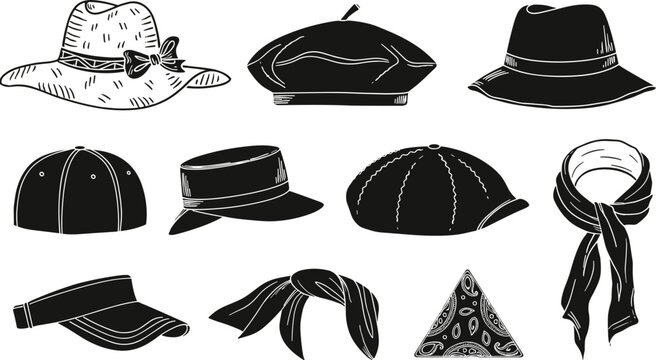 Fashion headwear and neck accessory icon set featuring straw hat beret fedora baseball cap newsboy visor scarf and paisley bandana vector silhouettes