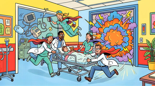 Superhero Medical Team Rushes Patient in Hospital Emergency