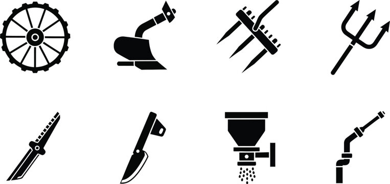 Black of gardening and farming tools on white background, including wheel, pitchfork, trident, and others