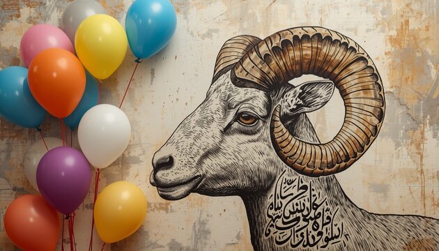 Ram with Colorful Balloons and Arabic Calligraphy