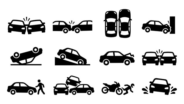Car Accident and Vehicle Damage Silhouette Icons Set