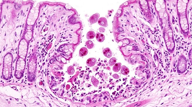 Entamoeba histolytica Trophozoite Colonic Ulcer, PAS Stain