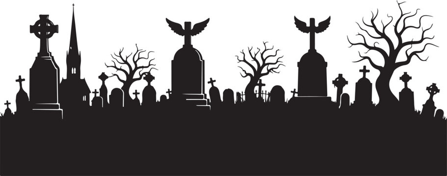 Spooky cemetery silhouette with tombstones and dead trees, black graveyard landscape vector, gothic cemetery horizon for Halloween design