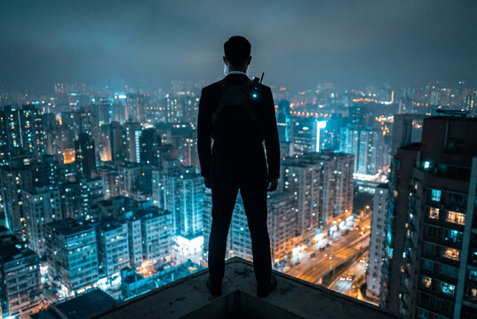 Secret Agent Silhouette on Rooftop at Night - Spy City Skyline Surveillance and Intelligence Officer Urban Operations
