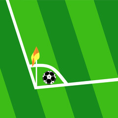 Top view vector illustration of a soccer ball in the corner kick area with a flag on a green grass field background © Bayu akbari