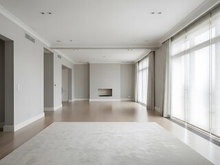 Obraz premium Spacious Minimalist Empty Living Room with Fireplace and Large Windows