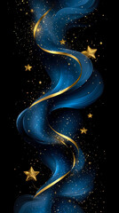 Fototapeta premium Elegant Abstract Background Featuring Flowing Blue Silk Ribbons Intertwined with Shimmering Golden Stars and Glowing Particle Dust Against Deep Pitch Black Backdrop