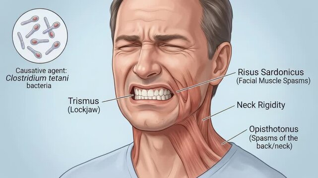 Bacterial toxin disorder: tetanus illness, lockjaw discomfort, trismus sign, opisthotonos posture, Clostridium agent, tetani microbe, muscle contraction, facial spasm.