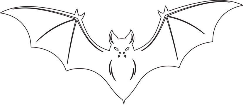 Minimalist bat line art vector, flying fruit bat silhouette with spread wings, spooky halloween animal icon for coloring or logo design