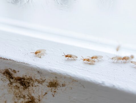macro view of tiny dust lice (booklice) crawling on white windowsill near condensation and mold spots