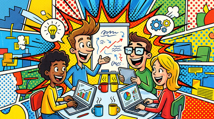 Fototapeta premium Team Collaboration & Innovation: Pop Art Business Meeting