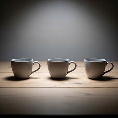 Fototapeta premium Three white ceramic mugs on a wooden table in spotlight