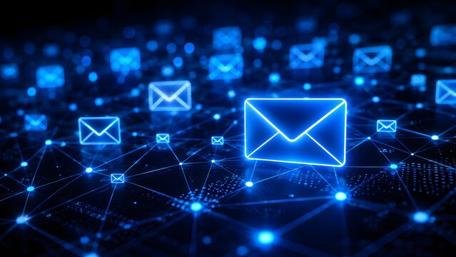 Digital email network background with glowing envelope icons connected across blue technology grid representing online communication message delivery marketing automation and secure business connectiv