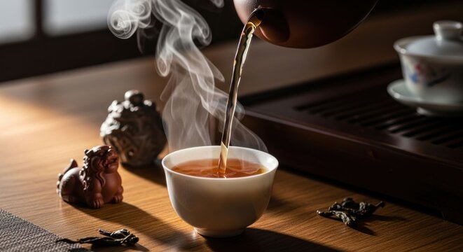 Steaming Hot Tea Being Poured into a Traditional Cup During a Serene Tea Ceremony.