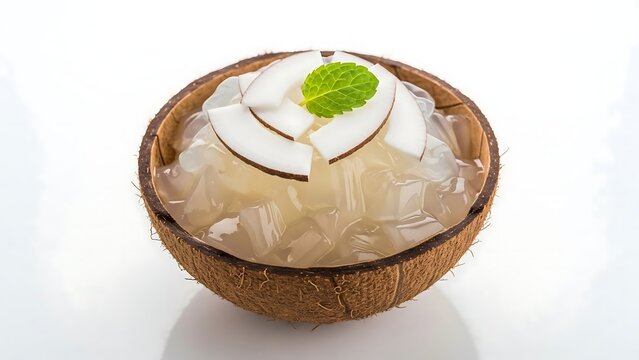 Fresh coconut jelly dessert served in a natural coconut shell