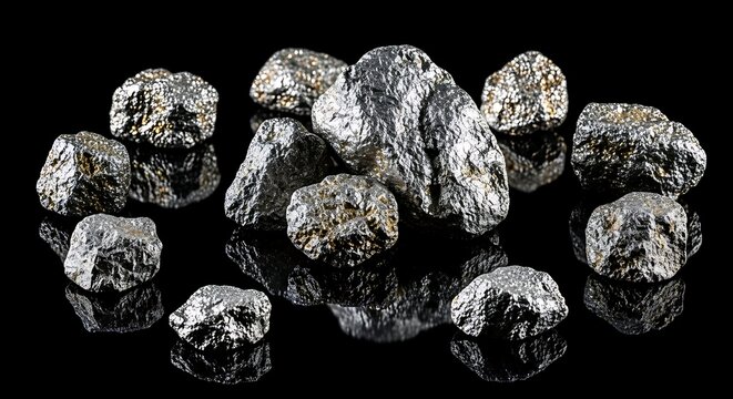 Group of raw silver ore nuggets on a black reflective surface