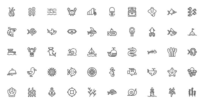 Sea Life icon set. Marine vector icons pack. Minimalist ocean life collection. Includes seaweed, shark, crab, jellyfish, treasure, manta ray, swordfish, fish, dolphin, whale, octopus, starfish, anchor