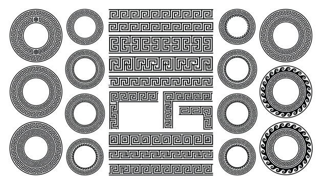 Ancient Greek key pattern border ornaments and circular frames on transparent background vector set.