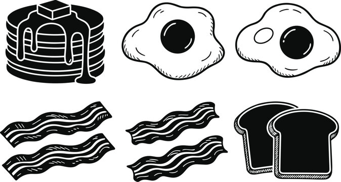 Morning breakfast food icon set featuring hand drawn pancakes fried eggs crispy bacon strips and toasted bread slices